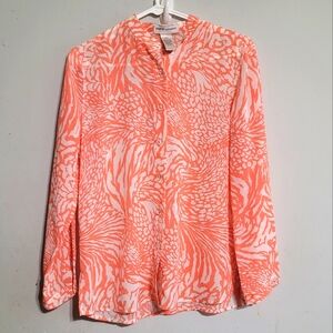 Womens Top Size Petite XS PXS Drapers And Damon's‎ Coral White Sheer Tropical